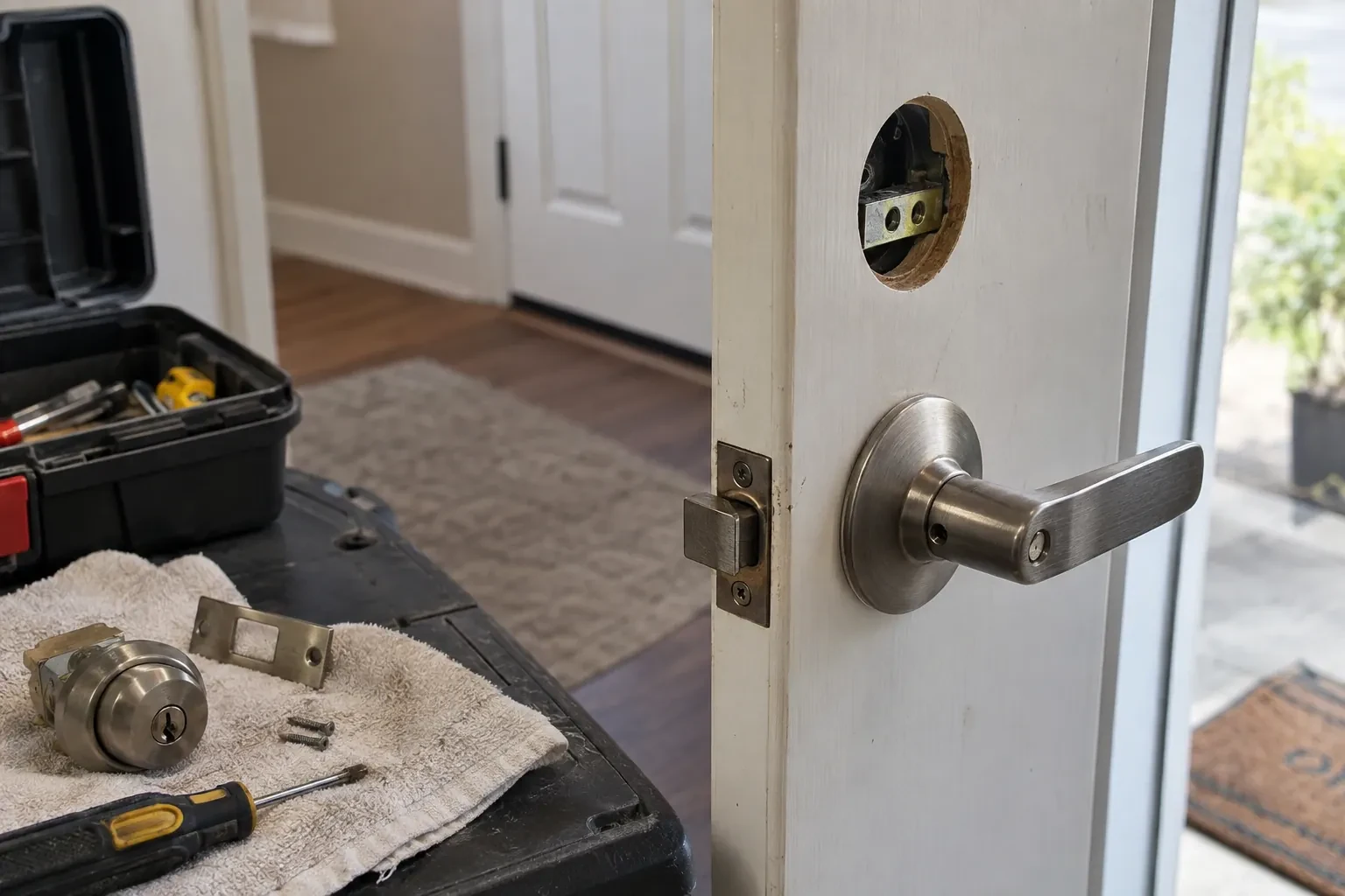 White door with a lever handle and an empty round bore above it, beside a toolbox and a deadbolt on a towel. — Toronto