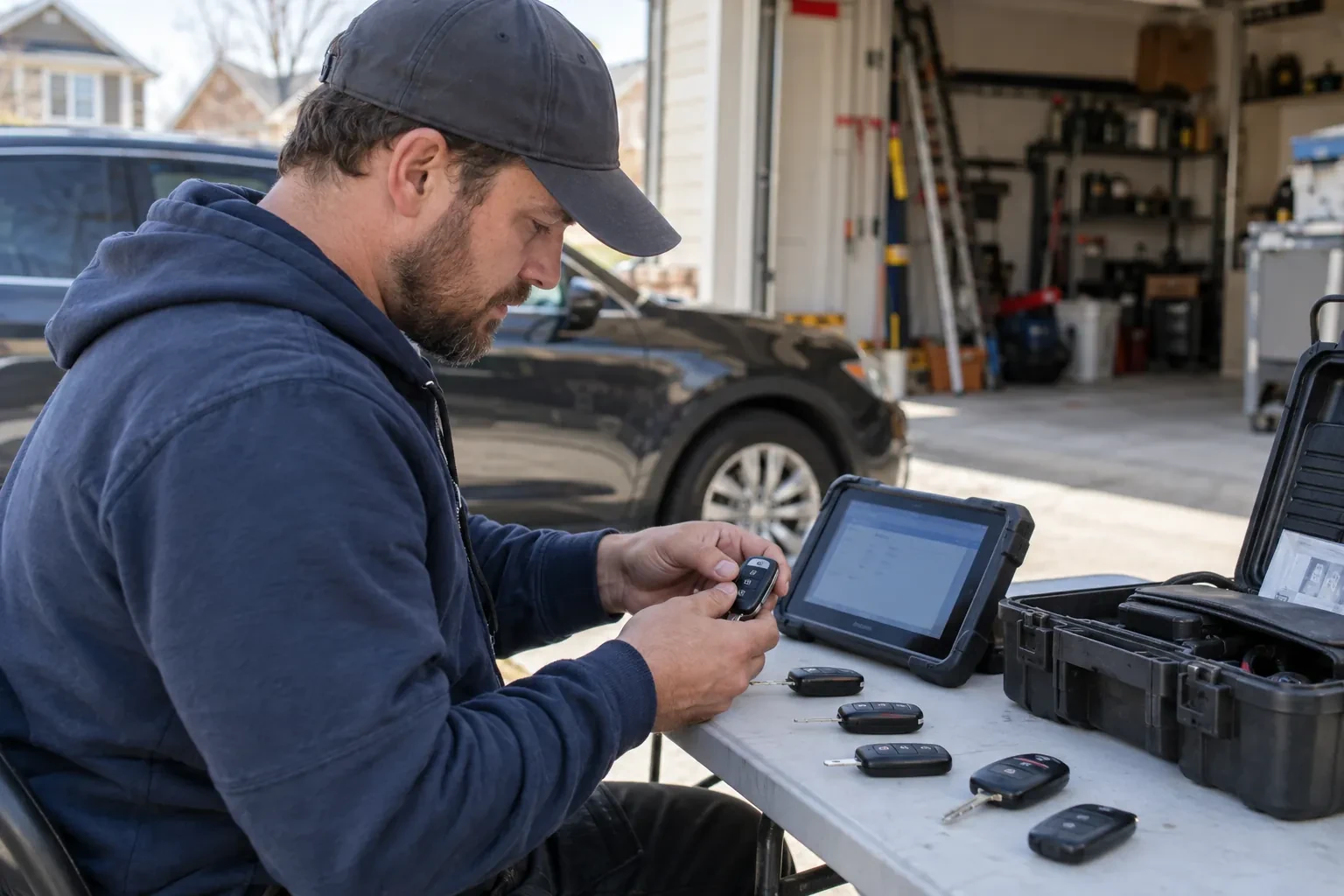Technician holding a key fob at a folding table with a tablet, loose fobs and a hard case beside a dark SUV.