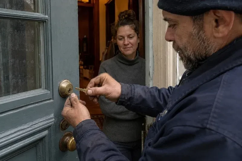Person holding a key beside a brass-colored deadbolt on an open painted door while another person watches from inside. — Home Lockout Service, Toronto