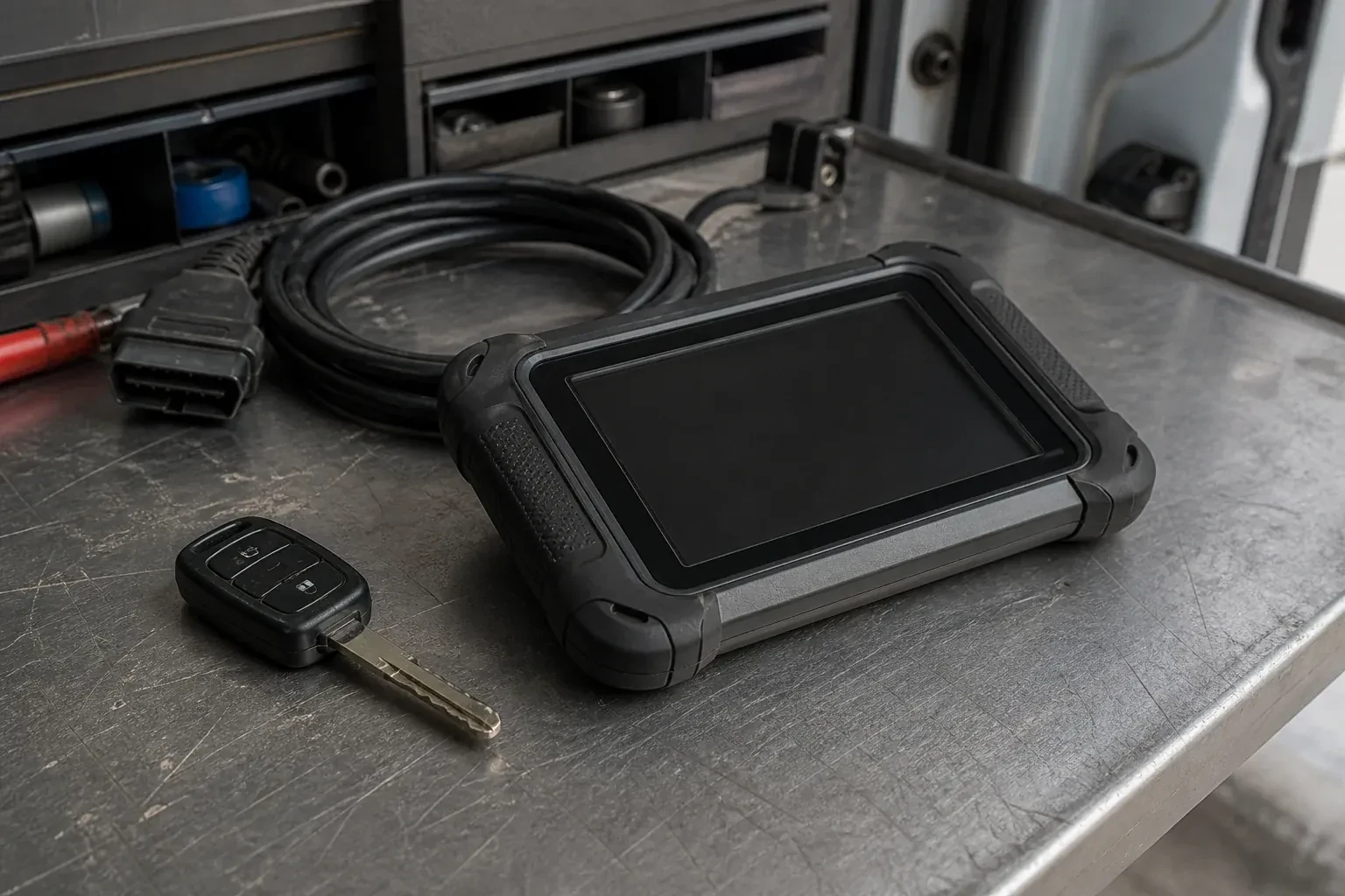Vehicle key beside a dark diagnostic tablet and coiled connector cable on a workbench. — Transponder Key Programming, Toronto