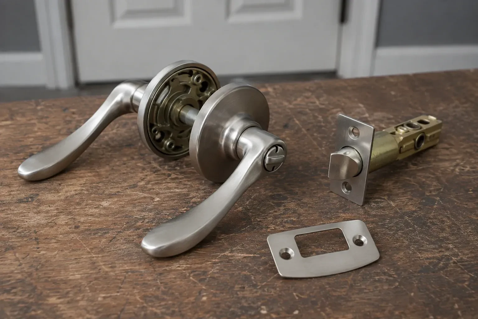 Detached satin-nickel lever hardware, tubular latch and strike plate on a wooden workbench. — Lock Replacement & Upgrade, Toronto