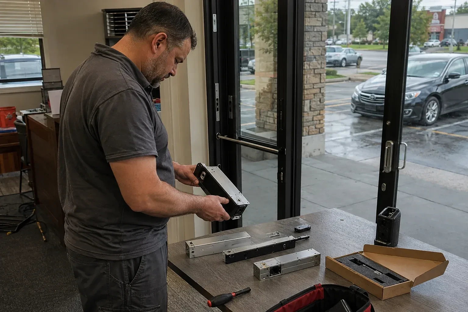 Person holding a rectangular door-hardware housing at a table with additional metal assemblies beside a glass entrance. — Access Control Installation, Toronto
