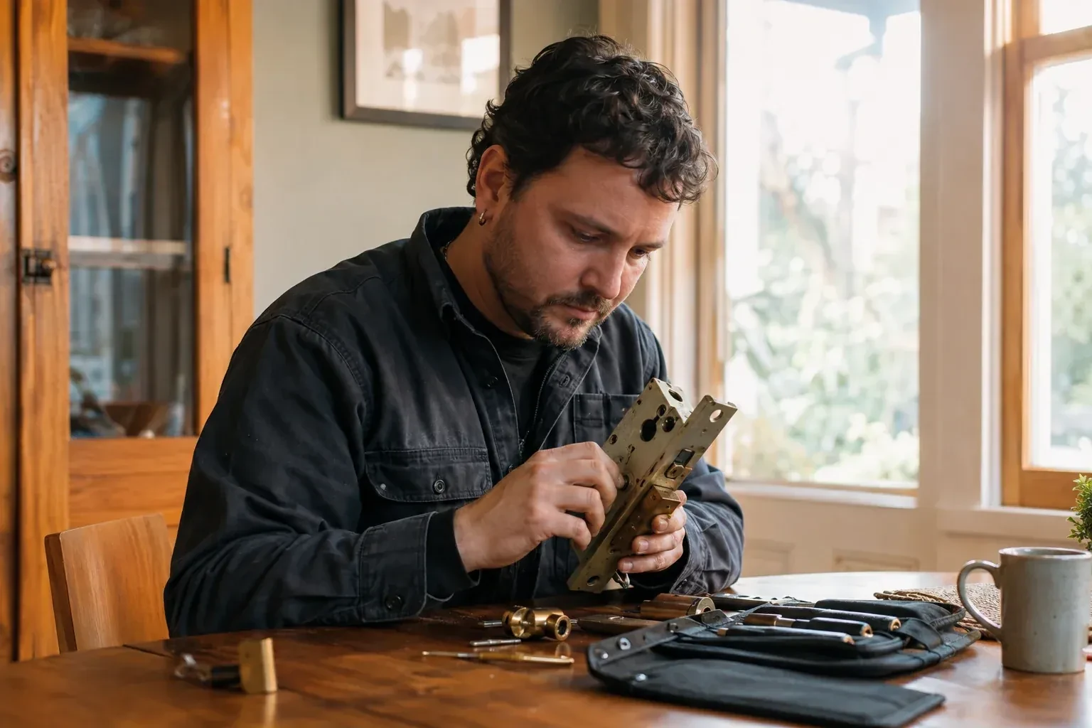 Person seated at a wooden table examining a brass mortise lock body, with a tool roll, small lock parts and a mug.