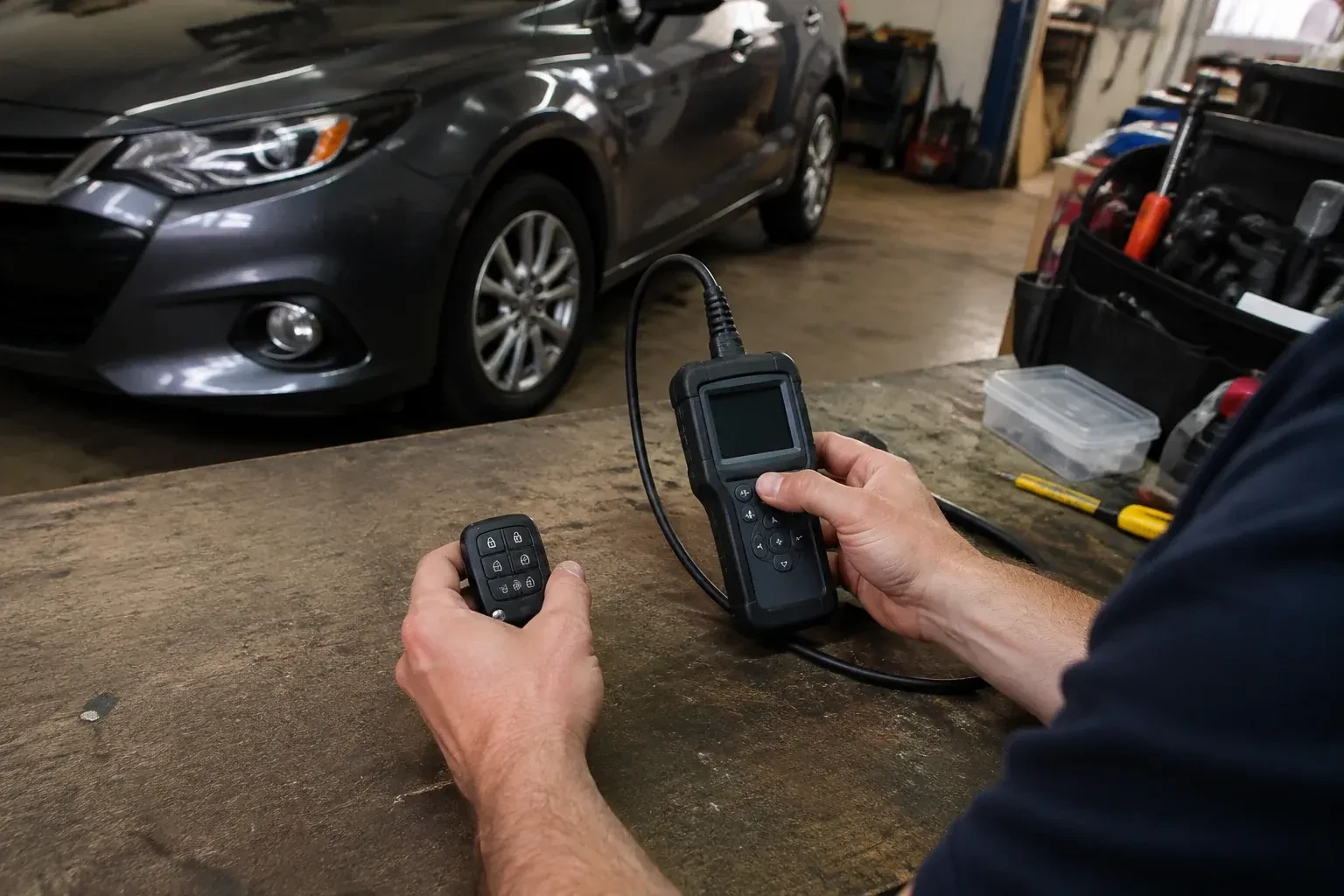 Hands holding a car-key fob and a small wired electronic device above a workbench in a garage with a parked car. — Key Fob Programming, Toronto