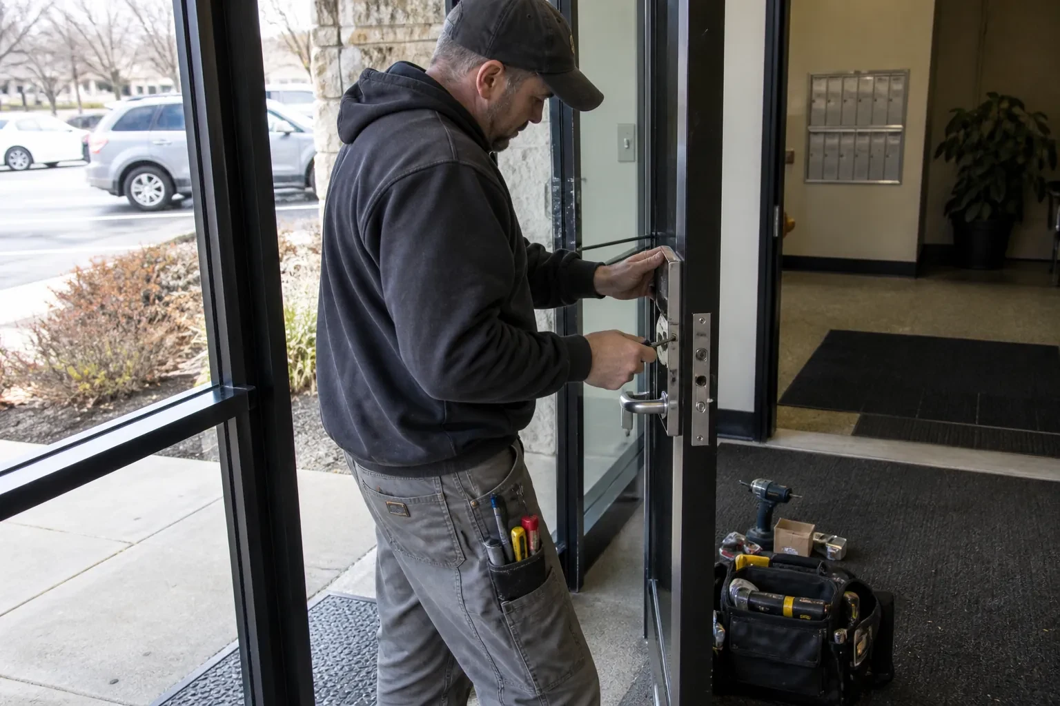 Technician in a cap and hooded sweatshirt using a small screwdriver on the lever handle and lock case of a glass door.
