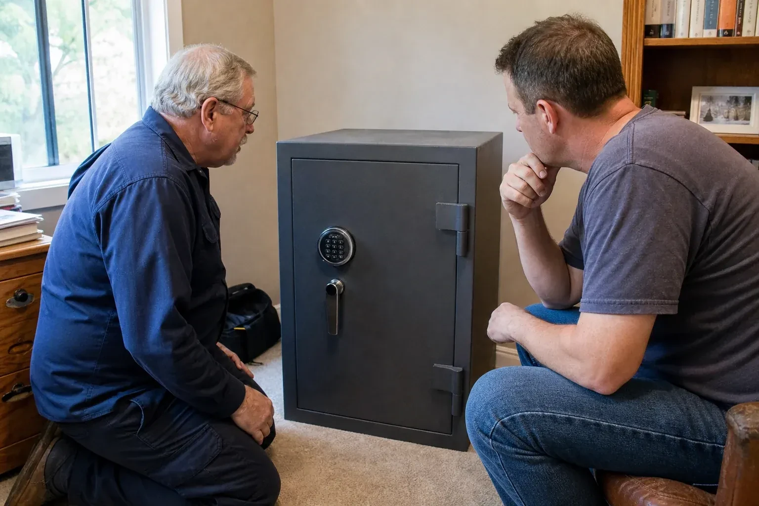Two adults discussing a closed keypad safe in a home study. — Safe Opening & Combination Change, Toronto