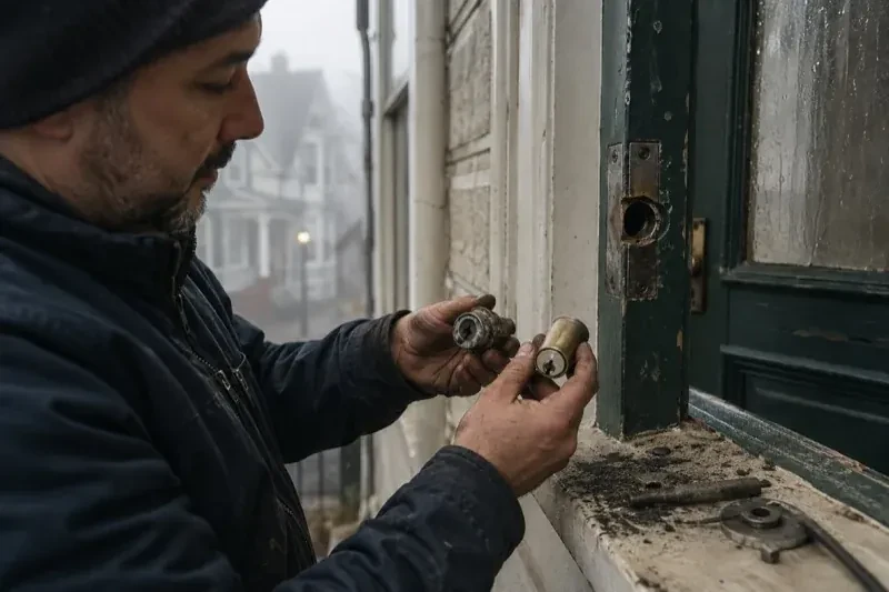 Person holding two lock cylinders beside an open painted door, with loose hardware and debris on the sill. — Seized & Jammed Lock Opening, Leaside
